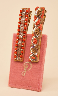 POWDER UK NARROW JEWELLED HAIR BAR - CORAL OVALS AND BEADS 